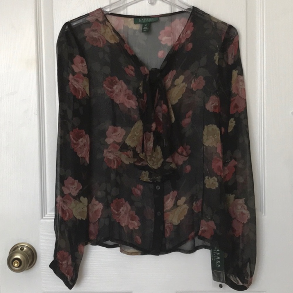 Lauren Ralph Lauren Silk Sheer See Through Floral Silk Blouse Trending